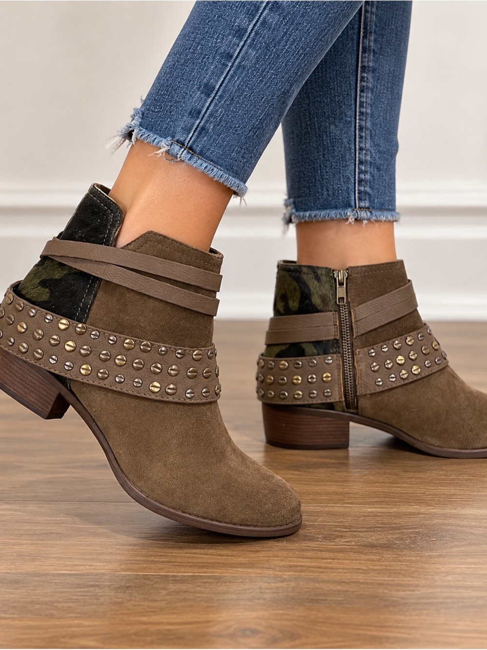 BNWT naughty monkey Olive Brown Studded Suede Ankle Booties